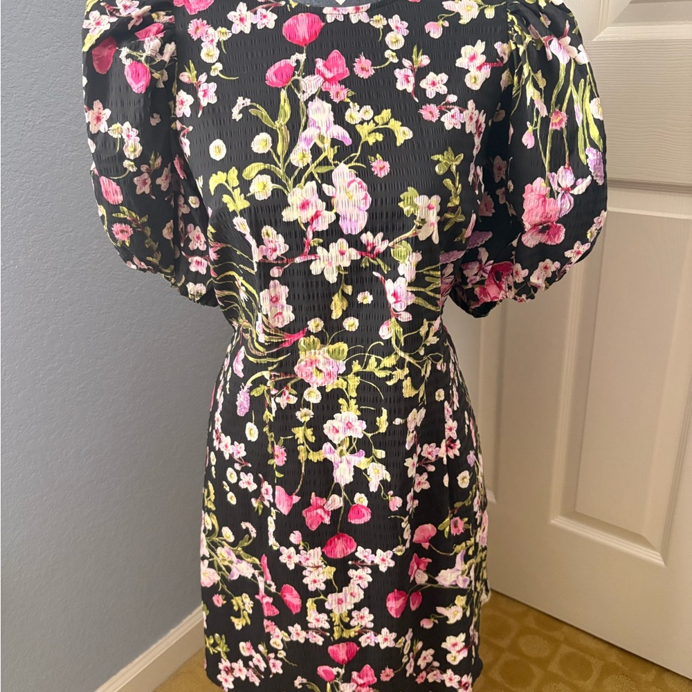 H&M Black Floral Midi Dress with Puff Sleeves